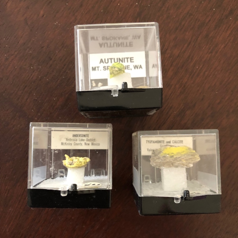 Uranium rock samples.  Fluoresce under Black light.